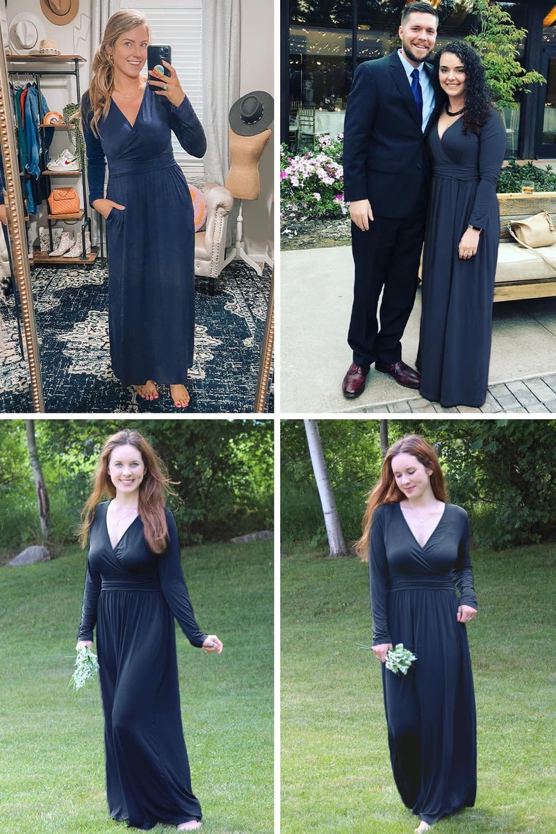 OUGES Womens Long Sleeve V-Neck Wrap Waist Maxi Dress(Navy,L) - Image 3